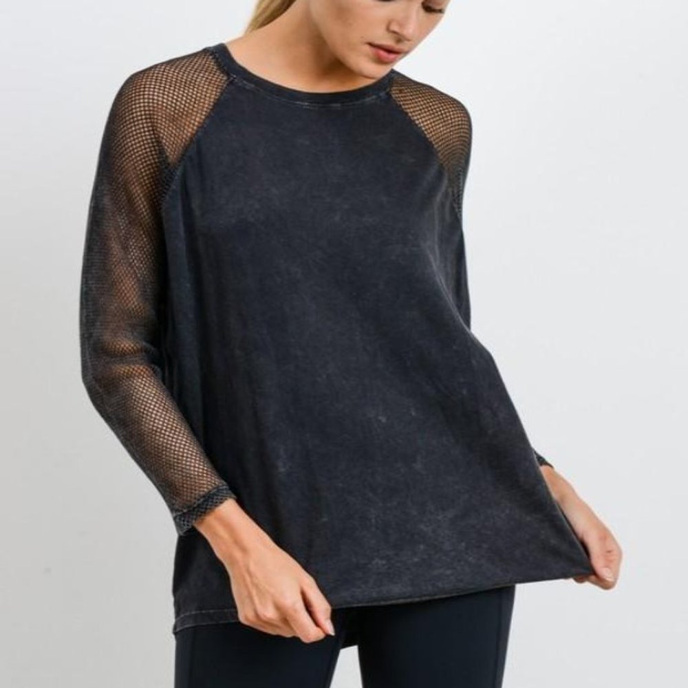 (NWT) Mineral Wash Fishnet Mesh Sleeve Top